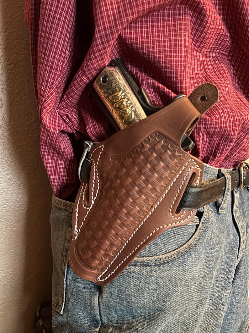 Lederhalfter Pancake mit Daumenbruch passend für Colt 45 Kimber Ruger Citadel RIA ATI M1911 Bild 2