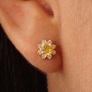 Yellow Sapphire Flower Stud Earrings, September Birthstones, Floral Stud Earrings Gift for Women, Wedding Gift
