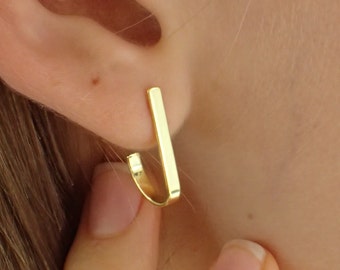 Ear Lobe Hook earrings, Rectangular Suspender Earrings, J Initial Stud Earrings, Dainty Post Earrings