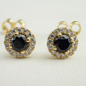 Puces d&#39;oreilles halo de diamants noirs, boucles d&#39;oreilles classiques diamants, boucles d&#39;oreilles de tous les jours, cadeau de mariage