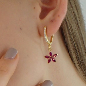 Marquise Cut Ruby Flower Earrings / July Birthstone Gift / Sterling Silver Minimalist Earrings / Floral Earrings