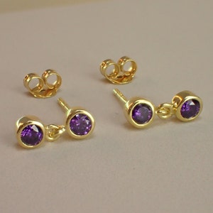 Bezel Set Amethyst Earrings, Dangle Drop Amethyst Stud Earrings, February Birthstone Gift, Delicate Solitaire Earrings