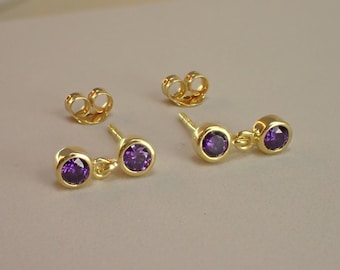 Bezel Set Amethyst Earrings, Dangle Drop Amethyst Stud Earrings, February Birthstone Gift, Delicate Solitaire Earrings
