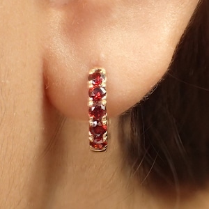 Five Stones Garnet Hoop Earring, Sterling Silver Huggie Earring, January Birthstone Gifts, Bridesmaid Gift