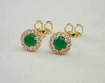 Emerald  Halo Stud Earrings, May Birthstones, Diamonds Classic Earrings, Everyday Earrings, Wedding Gift