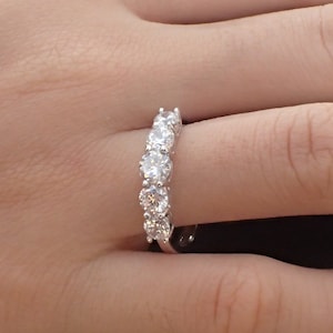 5 Year Anniversary Ring - 5 Stone Band - 14k Shared Prong Wedding Band - Common Prong Open Basket Setting - White Sapphire Ring