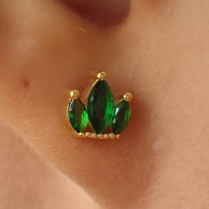 Crown Stud Earrings, CZ Green Sp Marquise Cut Earrings, Cartilage Piercing, Minimalist Studs Earring For Women