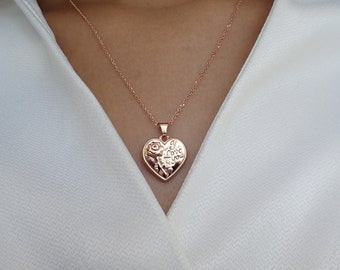 Hand Engraved Rose Gold I Love You Necklace Gift for Mom, Gift for Wife, I Love You Heart Pendant, Gift for Her, Gift for Daughter