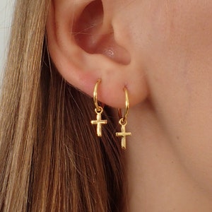 10 MM Cross Hoop Earrings, Cross Huggie Hoops, Religious Gift, Minimalist Earrings Gift for Women