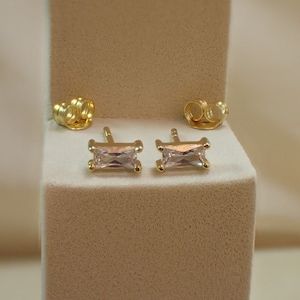 Diamond Baguette Stud Earrings, Sterling Silver Solitaire Earrings, Dainty Earrings, Crystal Studs, Geometric Earrings