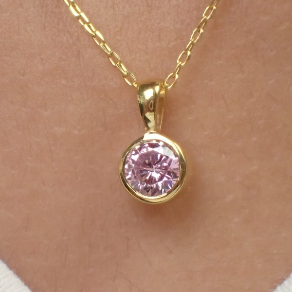 Bezel Set Solitaire Pink Sapphire Necklace, Septembar Birthstone Gift, Delicate Solitaire Necklace, Layering Necklace