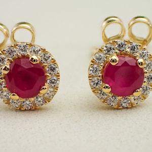 Puces d&#39;oreilles halo rubis, pierres de naissance en juillet, boucles d&#39;oreilles classiques diamants, boucles d&#39;oreilles de tous les jours, cadeau de mariage
