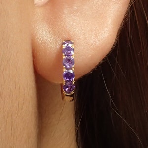 Five Stones Amethyst Hoop Earring, Sterling Silver Huggie Earring, February Birthstone Gifts, Bridesmaid Gift