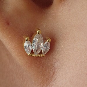 Diamond Crown Stud Earrings, Marquise Earrings, Cartilage Piercing, Tiara Minimalist Studs