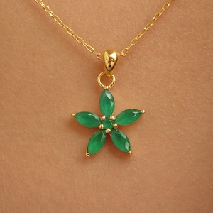 Emerald Flower Necklace, May Birthstone Gift, Marquise Cut Flower Pendant Necklace, Floral Jewelry For Women, Layering Necklace