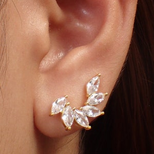 Marquise Row Stud Earrings, Sterling Silver Wedding Earrings, Vintage Earring, Minimalist Earring for Women