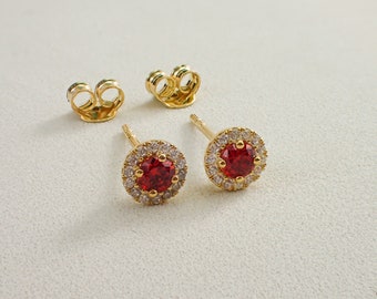 Garnet Halo Stud Earrings, January Birthstones, Diamonds Classic Earrings, Everyday Earrings, Wedding Gift
