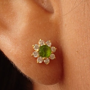 Peridot Flower Stud Earrings, August Birthstones, Floral Stud Earrings Gift for Women, Wedding Gift