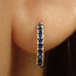 Blue Sapphire Hoop Earrings, Cartilage Blue Sapphire Pave Huggies, Vintage Hoop Earrings, September Birthstone
