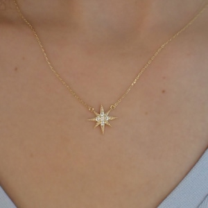 Pave Starburst Necklace, North Star Charm Necklace, North Star Pendant, Layering Necklace for Women