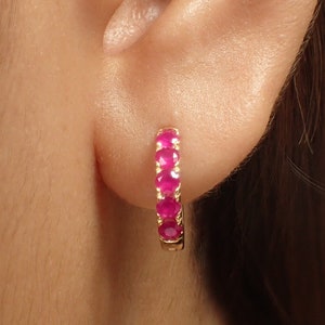 Five Stones Ruby Hoop Earring, Sterling Silver Huggie Earring, July Birthstone Gifts, Bridesmaid Gift