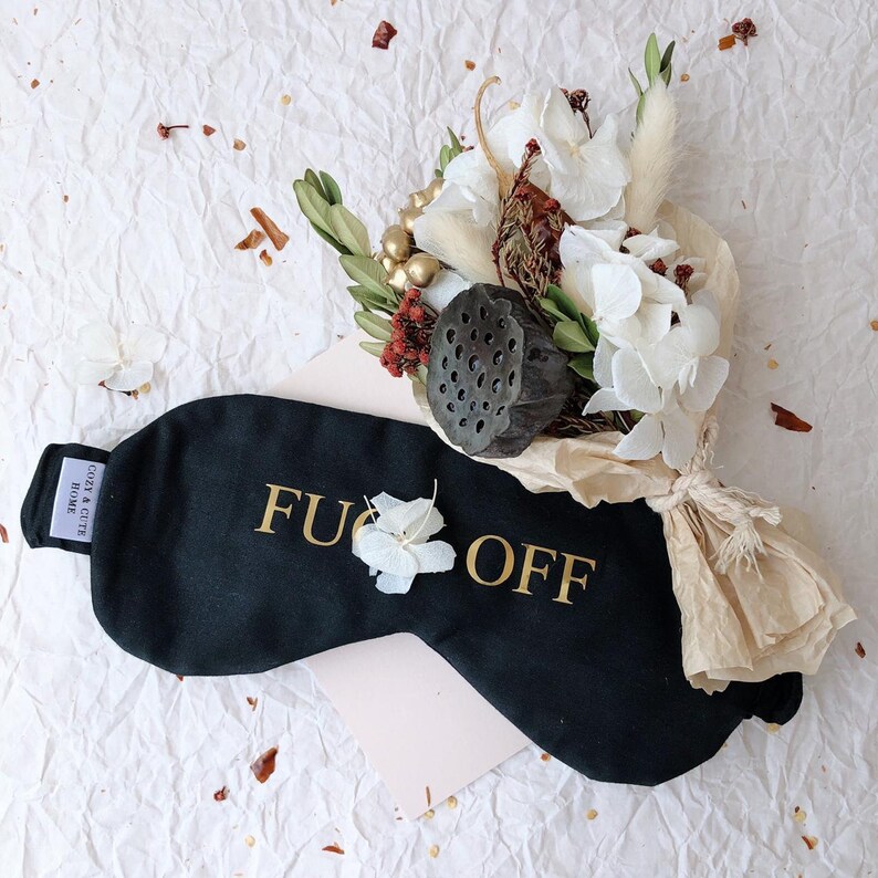 Sleep mask gold on black fuck off