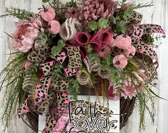 Breast Cancer Awareness Grapevine Wreath, Pink Velvet Pumpkins, Leopard Ribbon
