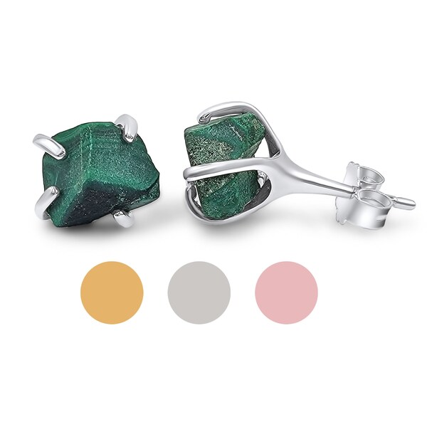 Natural Malachite Ball Stud Earrings In Sterling Silver – 5,6,8,10mm Sizes, Handmade In USA