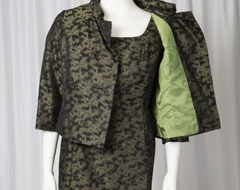 1950s Irridescent Green and Black Wiggle Dress Set 3 piece S/M Vintage