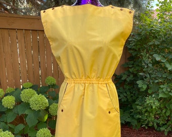 Vestido amarillo de los años 80 con ribete marrón, talla pequeña/mediana.