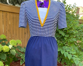 Vestido Kay Windsor de los años 80, rayas azules, estilo vintage, talla pequeña/mediana.