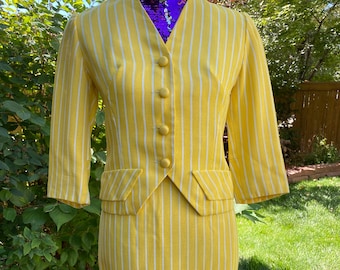 1950s 1960s Trude Jr Yellow Pinstripe Suit Set Skirt and Jacket Vintage Size XS Small