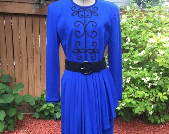 Vestido azul real vintage, R&K Originals, detalle de soutache, talla 8