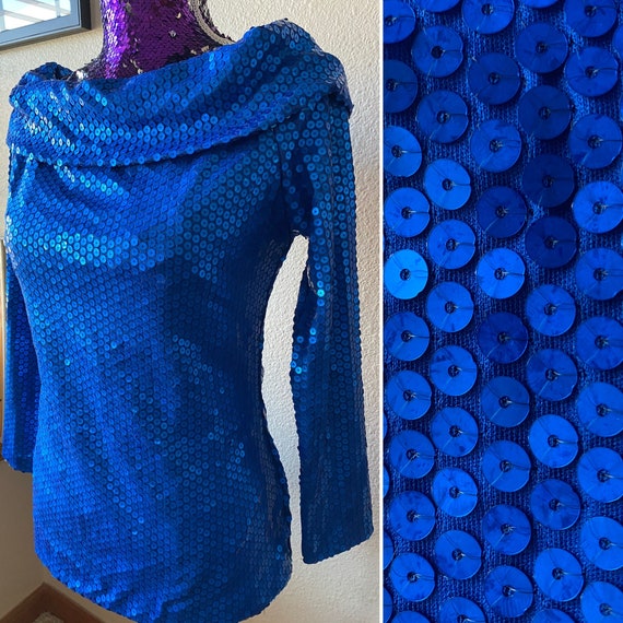 1970s 1980s After Five Blue Sequins Top Off Shoul… - image 1