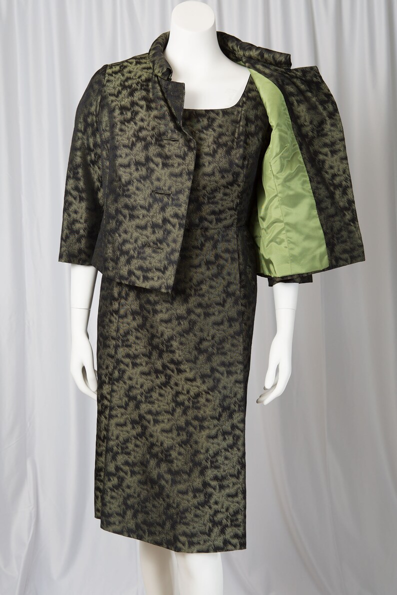 1950s Black and Green Wiggle Dress with jacket and original belt Vintage SmallMedium