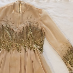 Victorian Royal Ltd 1960s Beige Chiffon Dress Set with Beaded High-Low Crop Top Size Medium/8 Vintage Glamour