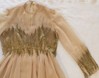 Victorian Royal Ltd 1960s Beige Chiffon Dress Set with Beaded High-Low Crop Top Size Medium/8 Vintage Glamour