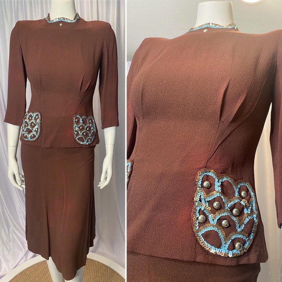 1930s 1940s Rayon Crepe Sequin & Studded Brown Two