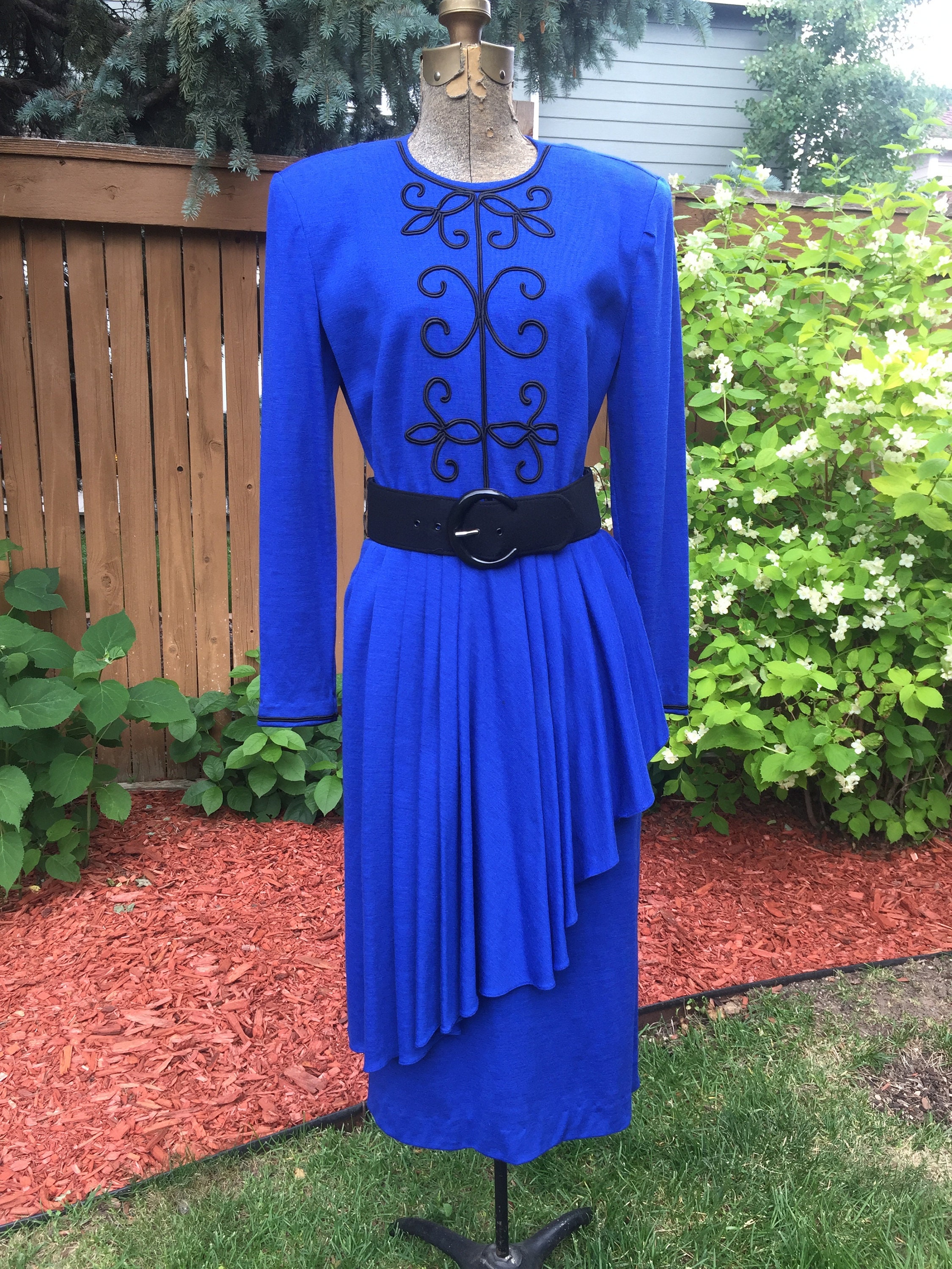 Vintage Royal Blue Dress, R&K Originals, Soutache Detail, Size 8
