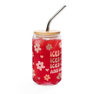 Iced Coffee Glass Cup | Retro Floral 16oz Tumbler with Bamboo Lid & Straw | Cute Aesthetic Glass Can for Coffee Lovers