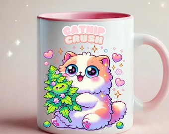 Taza de café con diseño de gato kawaii: Catnip Crush, pastel