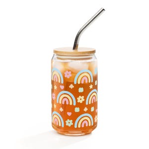 Rainbow Glass Cup – 16oz Can-Shaped Glass with Bamboo Lid & Straw | Aesthetic Iced Coffee Cup | Cute Retro Floral Tumbler | Gift for Her