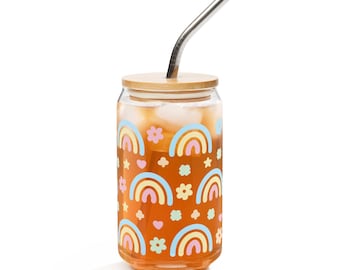 Rainbow Glass Cup: 16oz Can-Shaped Tumbler with Bamboo Lid & Straw