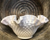 Vintage - Fenton - White Milk Glass - Hobnail Base W Ruffles - Flower Fruit Decor Bowl Vase - Fine Home Cottage Decoration - Shabby Chic