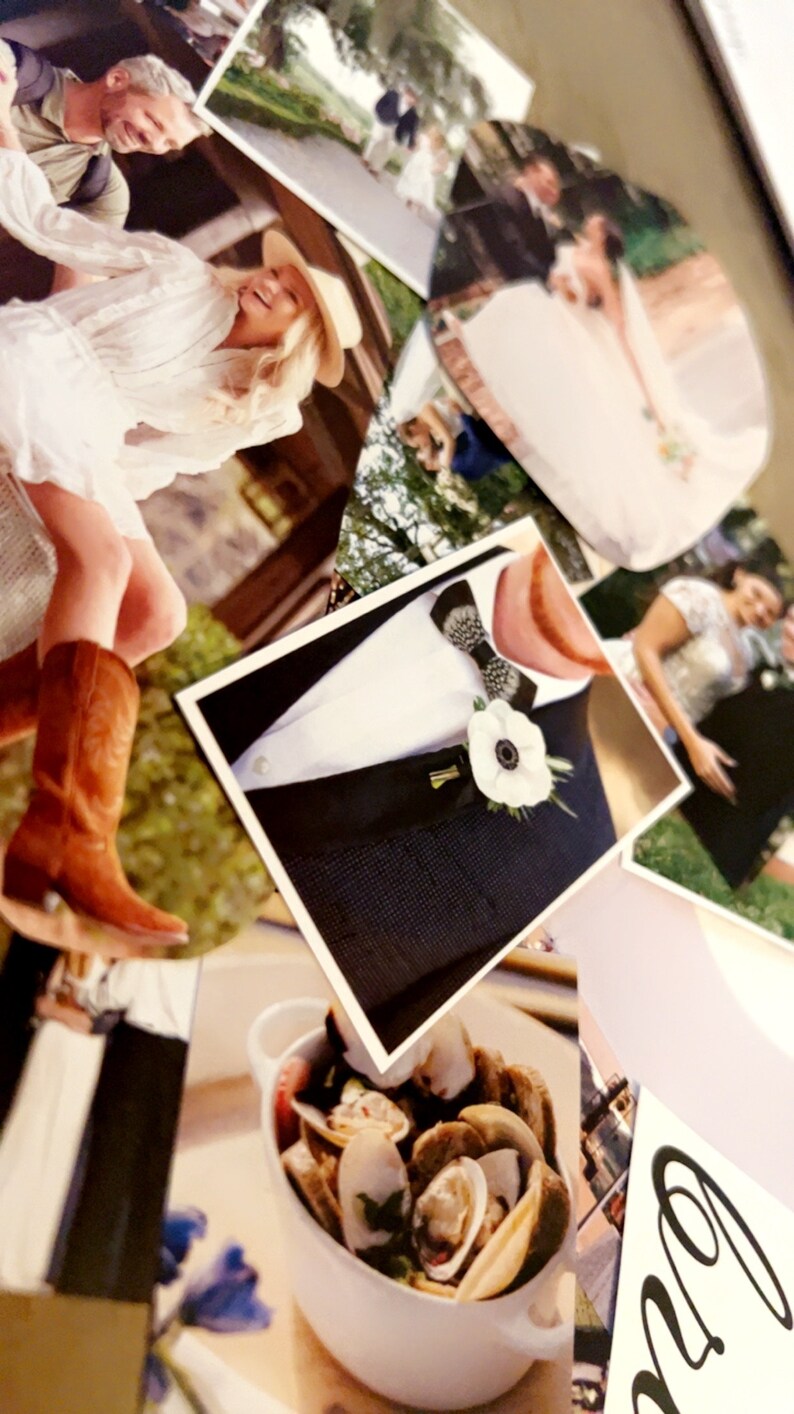 May include: A collage of photographs featuring a person in a white dress and brown cowboy boots, a wedding couple, a tuxedo with a white flower boutonniere and patterned bow tie, and a white bowl filled with cooked clams and seafood.