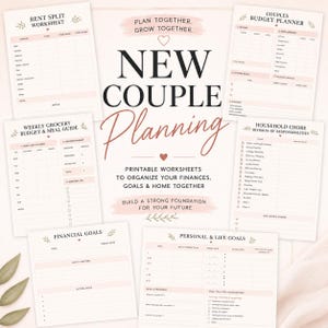 May include: A collection of printable worksheets for couple planning, featuring a central title NEW COUPLE PLANNING. The set includes forms for rent split, budget, grocery lists, household chores, financial goals, and personal life goals in pink and black.