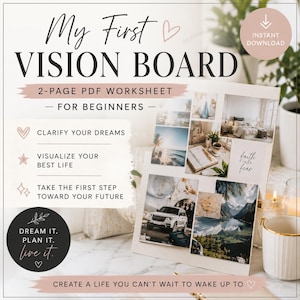 以下が含まれることがあります： 初心者向けの2ページのPDFビジョンボードワークシート。My First Vision Board、Clarify Your Dreams、Visualize Your Best Life、Take The First Step Toward Your Future、Dream It. Plan It. Live It.、Create A Life You Can't Wait To Wake Up Toというテキストが記載されています。