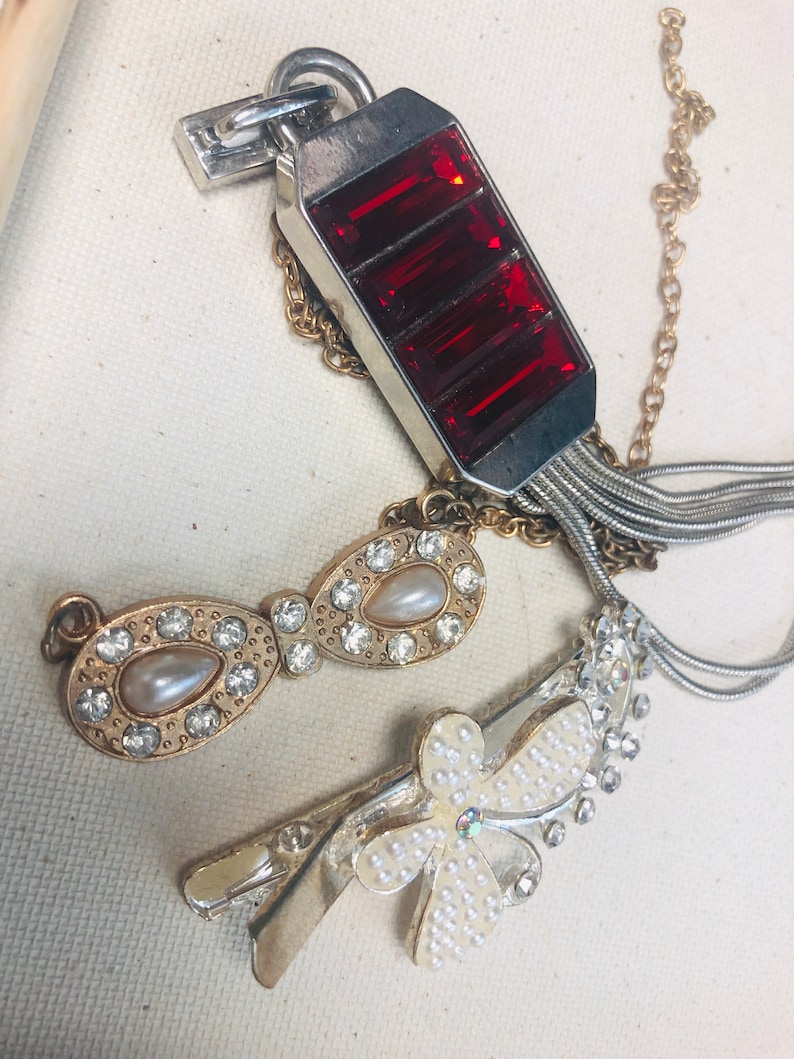 Lot of Three Jewelry Making Supplies Materials Steam Punk Mixed Style and Material Pearl Gold Ruby Silver Broken Jewelry
