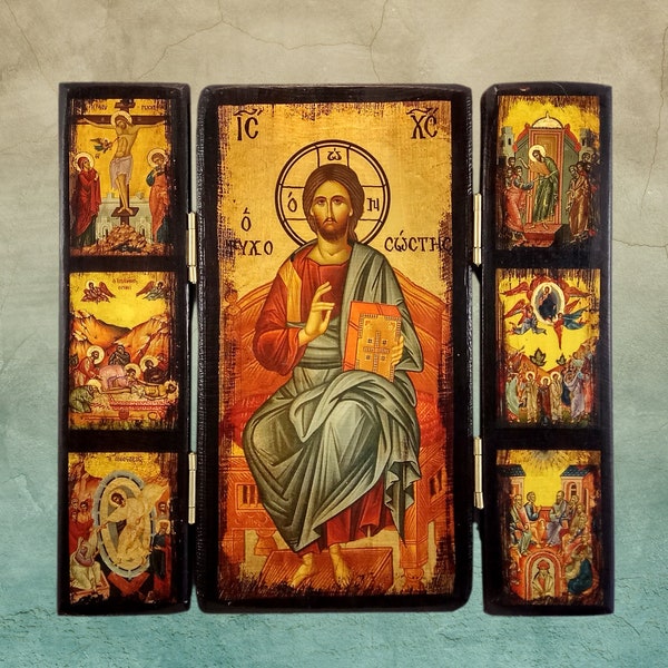 JESUS CHRIST Enthroned, Byzantine triptych icon, handmade icon, religious icon, orthodox icon, birthday gift, wedding gift, name-day gift