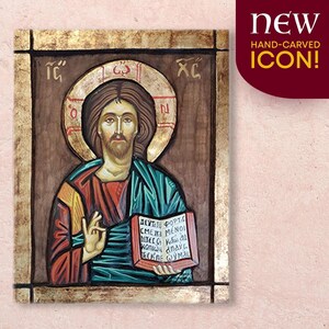 JESUS CHRIST BLESSING, wood carved hagiography icon, handmade icon, religious icon, Greek orthodox icon, birthday gift.